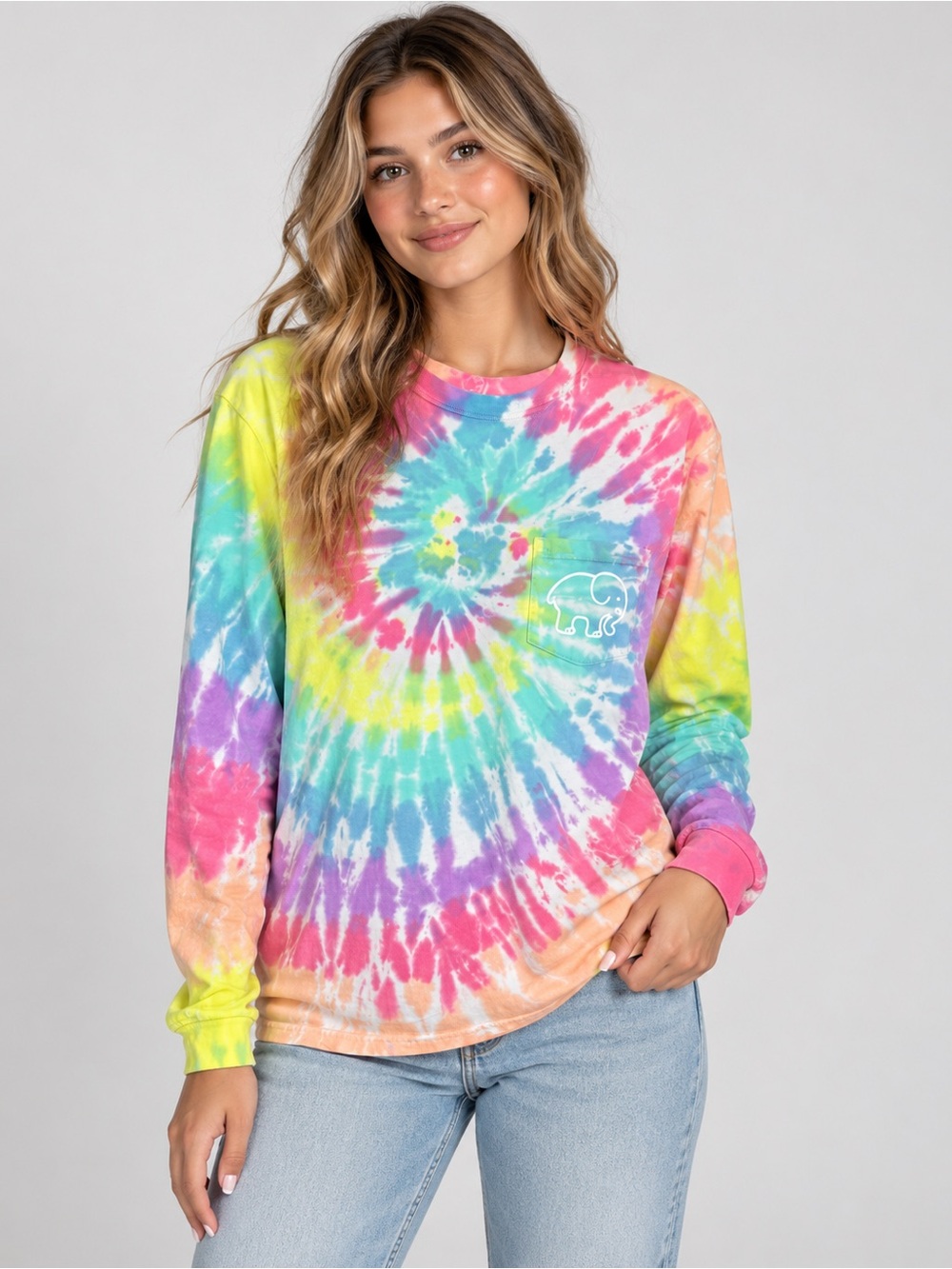 Ivory Ella Rainbow Tie Dye Long Sleeve Elephant Tee Shirt | Size S